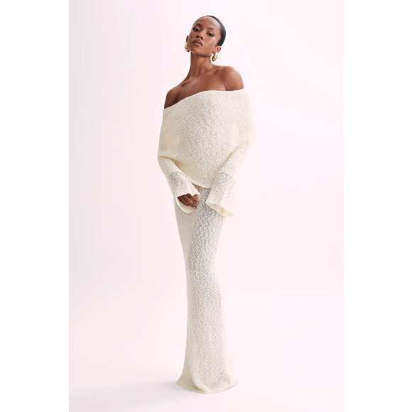 Meshki Marisol Off-the-Shoulder Bouclé Bodycon Maxi-Dress Cream Women's Size XS - Picture 2 of 7